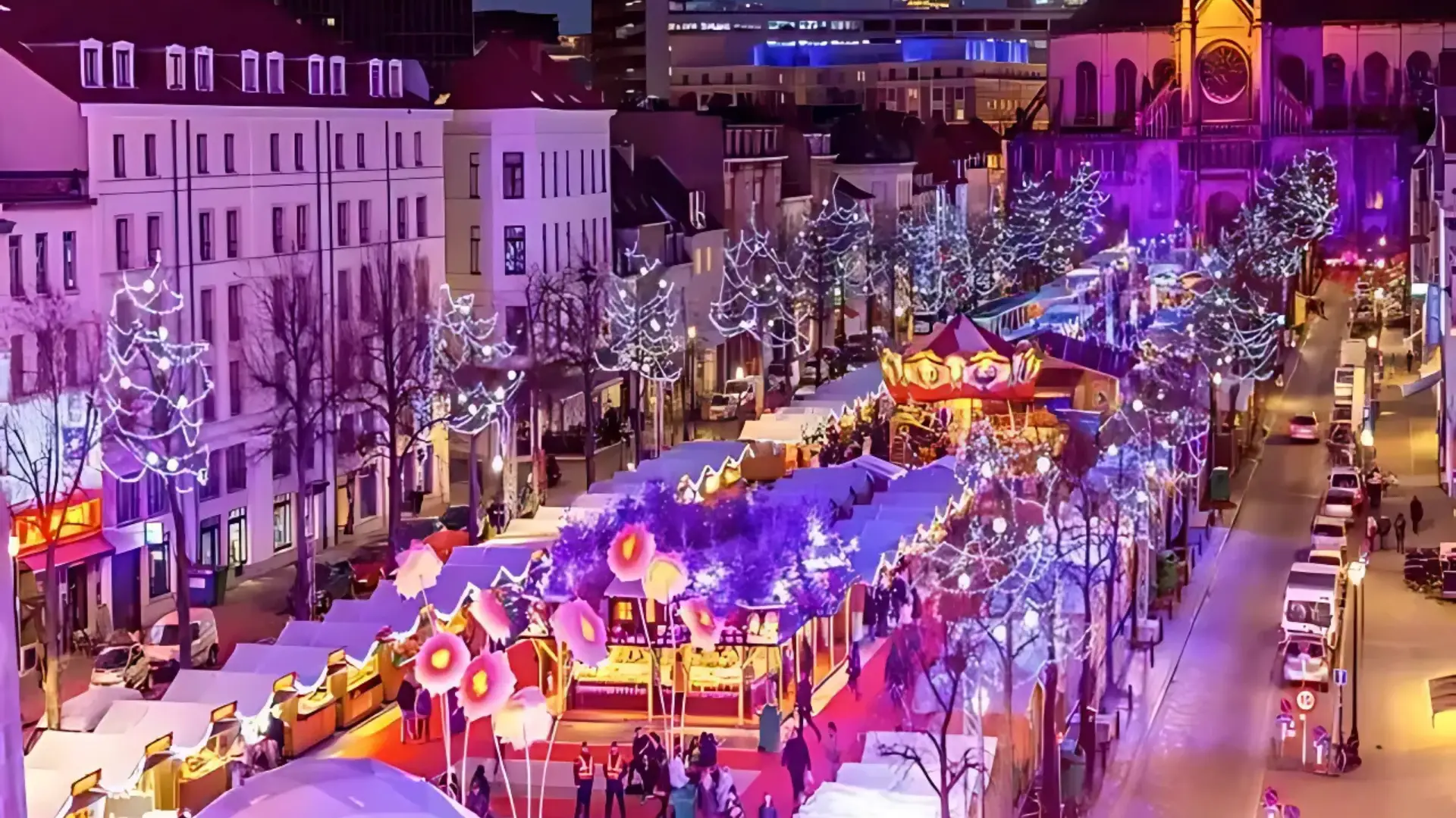 A festive Christmas market in Brussels, Belgium, filled with lights and decorations, showcasing it as one of the best Christmas markets in Europe.