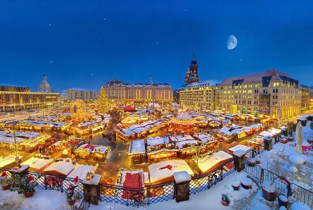 A festive scene at the Christmas market in Dresden, Germany, showcasing it as one of the best Christmas markets in Europe.