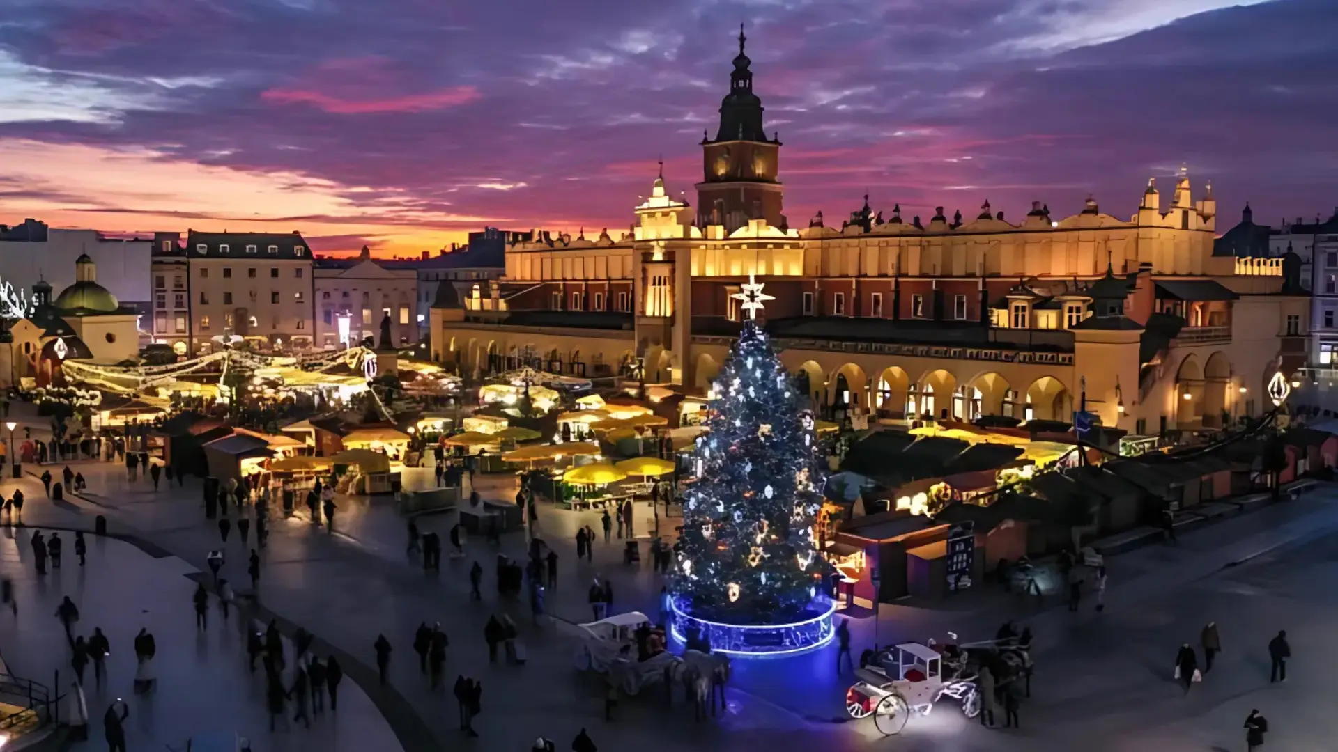 A festive Christmas market in Krakow, Poland, with a stunning cathedral in the background, showcasing it as one of the best Christmas markets in Europe.