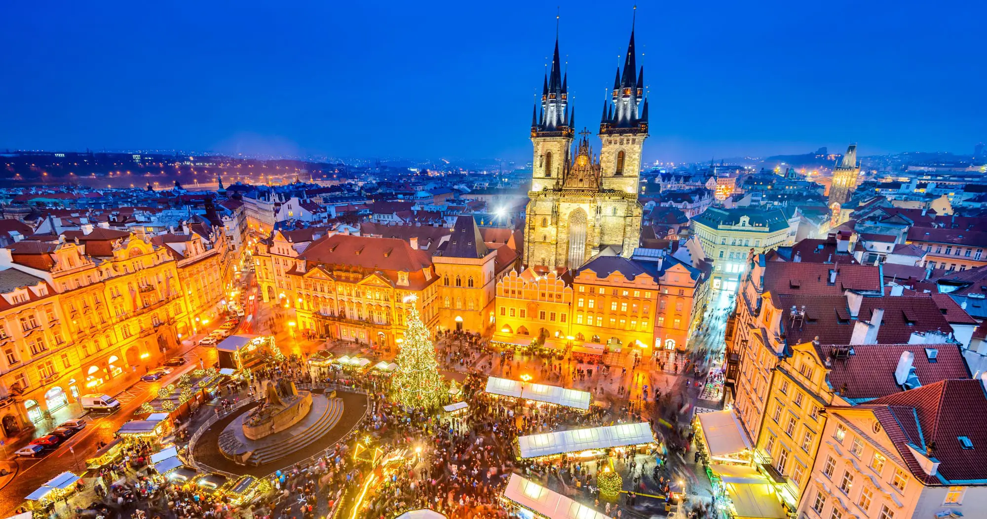 Night view of Prague, Czech Republic, showcasing it as one of the best Christmas markets in Europe with beautiful lights and festive charm.