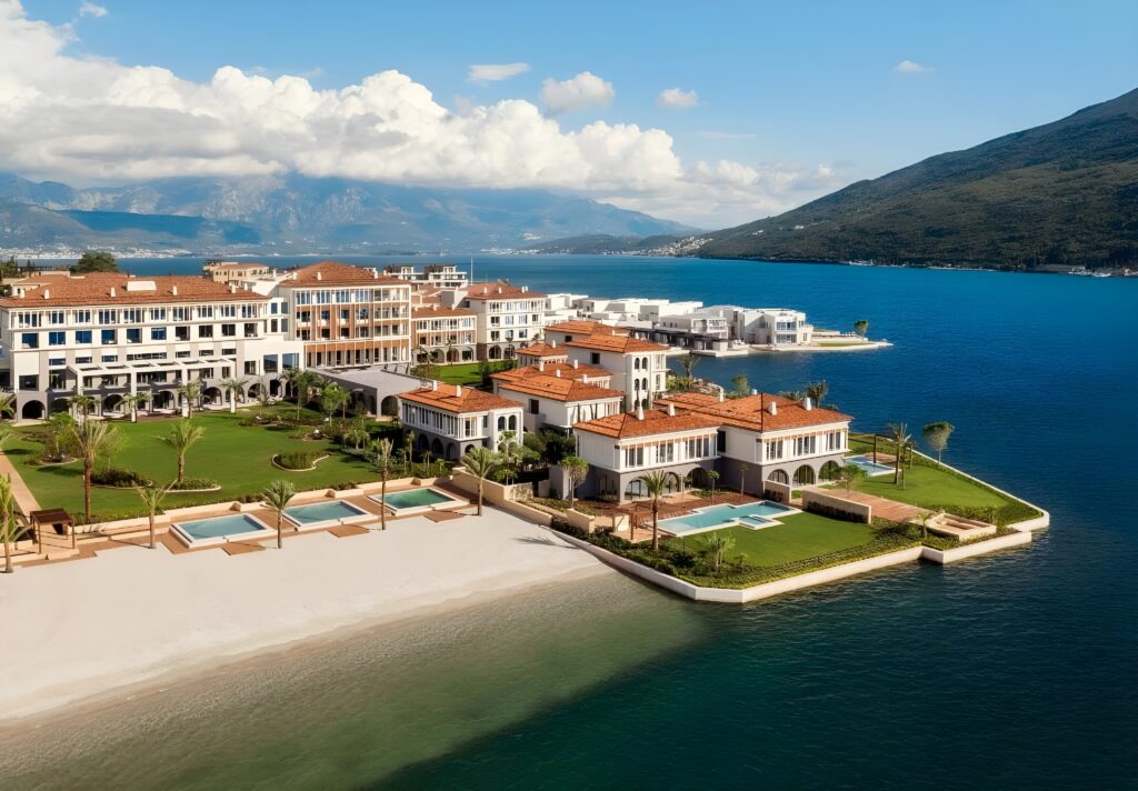 One&Only Portonovi resort nestled by a serene lake, showcasing stunning natural beauty in Montenegro.