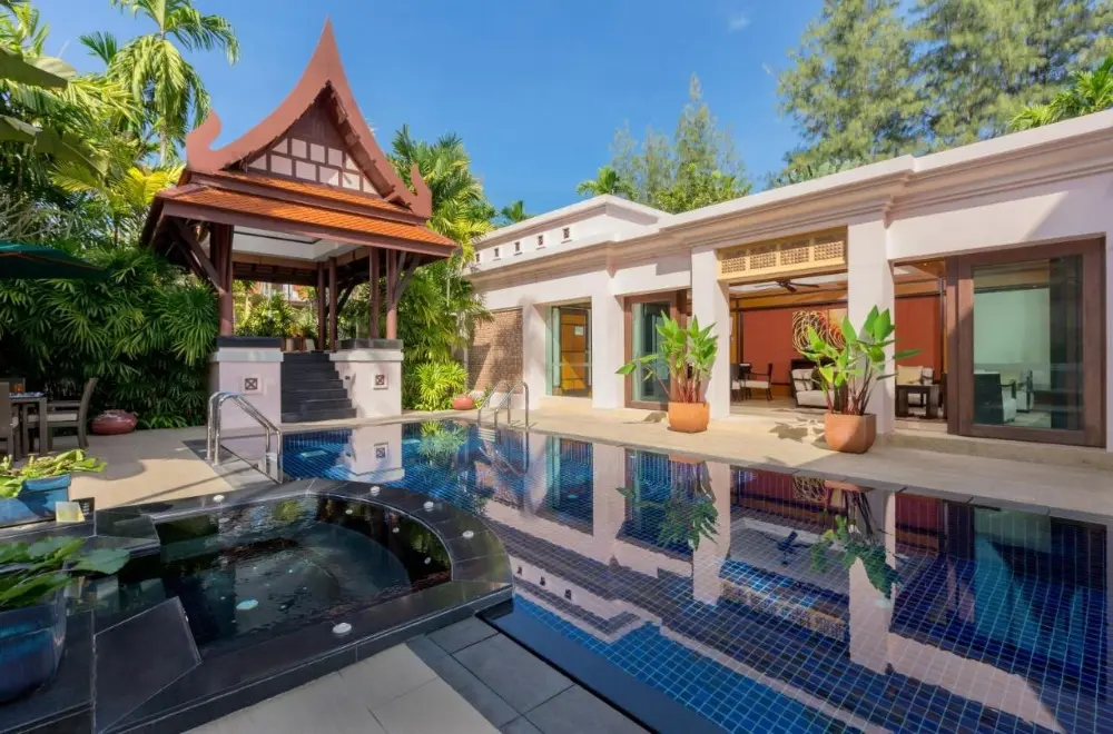 A stunning pool and patio, situated in the renowned Banyan Tree resort in Phuket, Thailand.