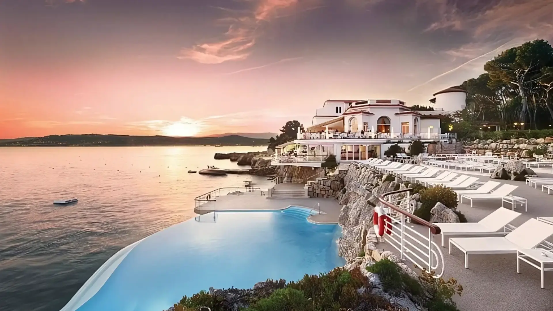 A beautiful sunset view from the poolside of the hotel Eden Roc, one of the best romantic hotels in Positano.