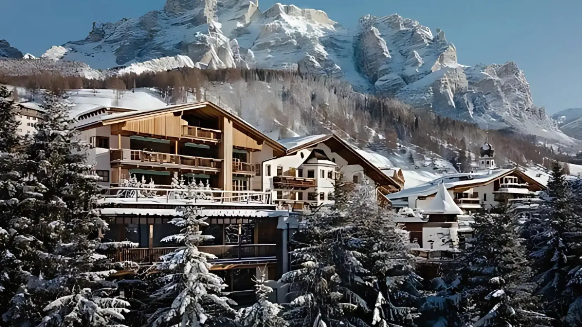 A stunning view of snow-covered mountains at a Dolomites ski resort, featuring Rosa Alpina, one of the best ski hotels in Italy.