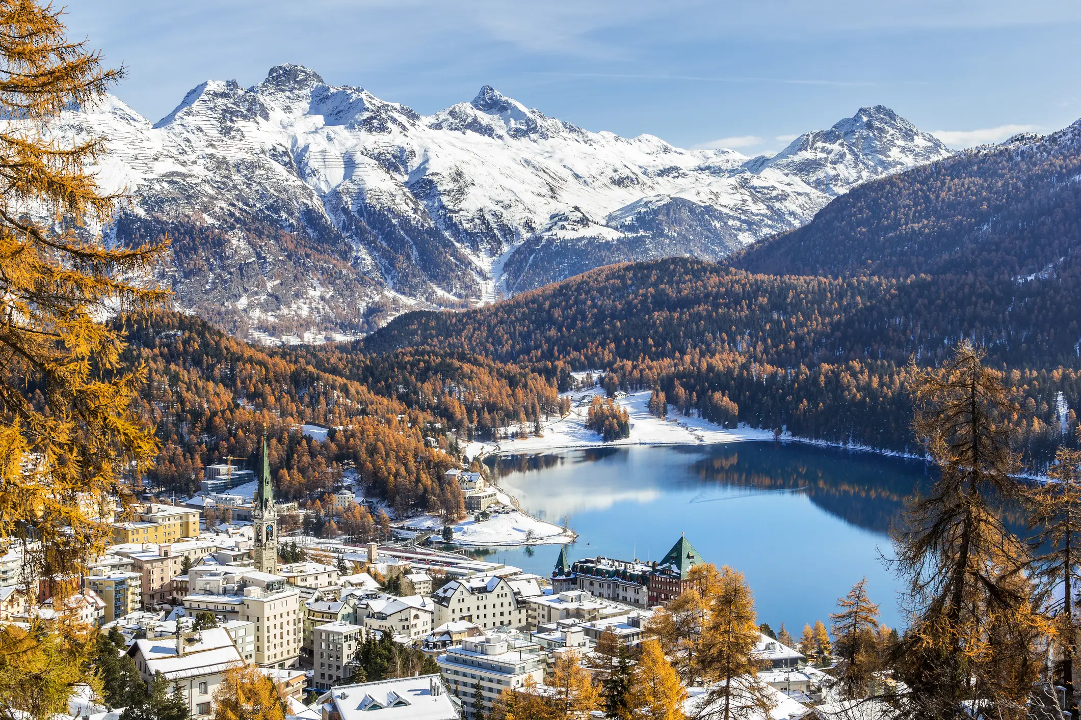 A snowy view of St. Moritz, one of the best ski resorts in Switzerland, surrounded by mountains.