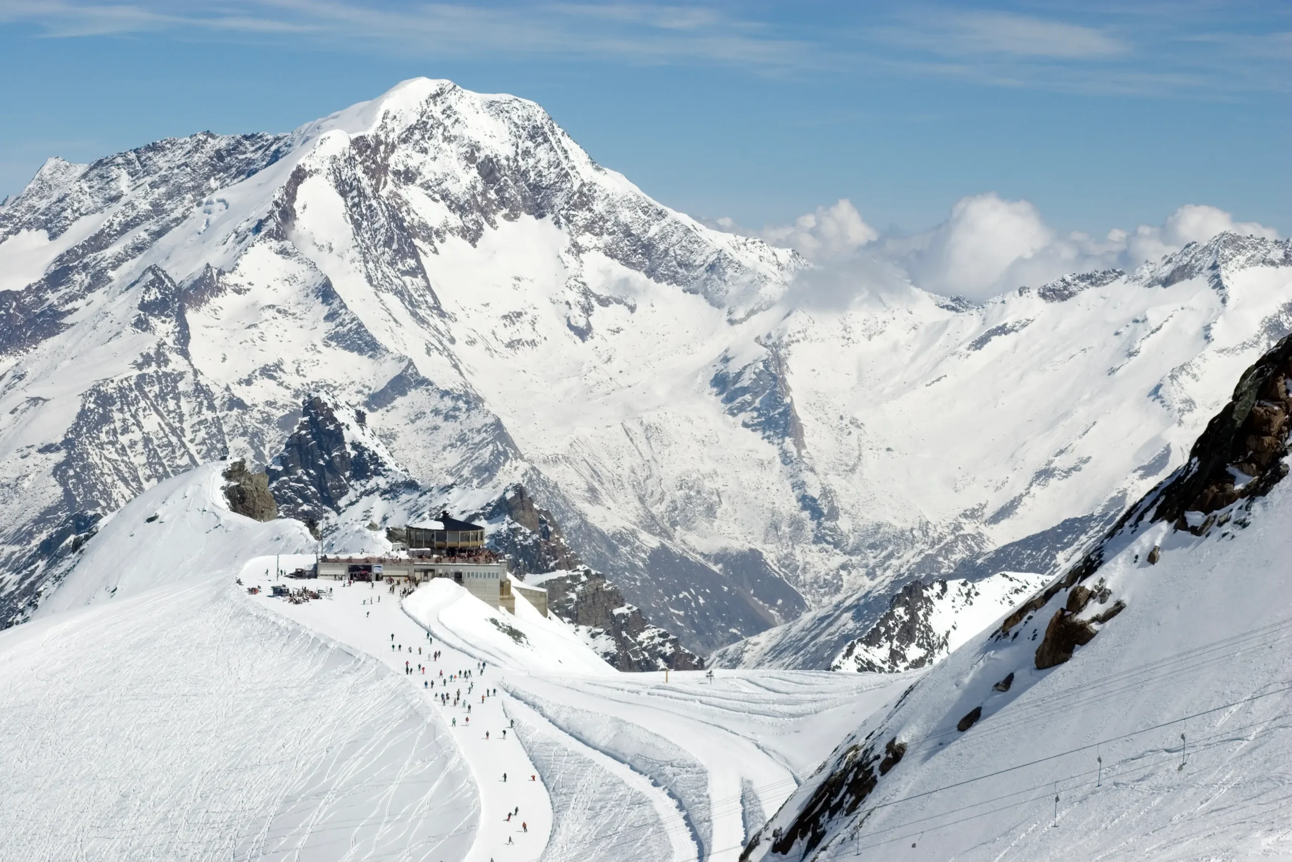 A snowy mountain at Saas-Fee, one of the best ski resorts in Switzerland, perfect for winter sports and breathtaking views.