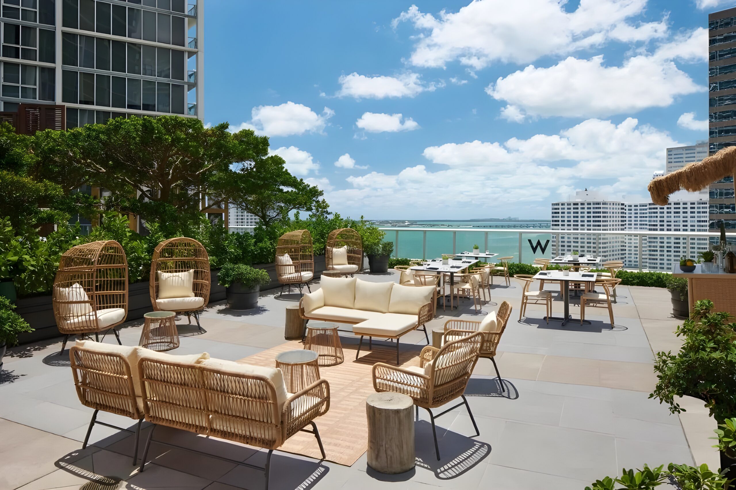The rooftop patio at W Miami , one of the best W hotels in the world, provides a tranquil escape, ideal for unwinding with beautiful city views.
