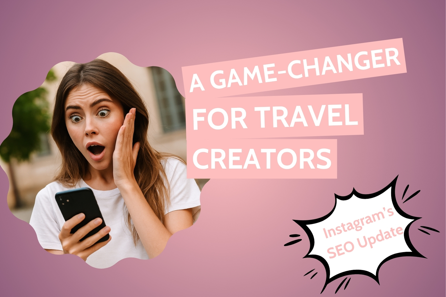 A surprised travel creator reacts to Instagram’s SEO update, highlighting how public professional posts can now appear in Google search results
