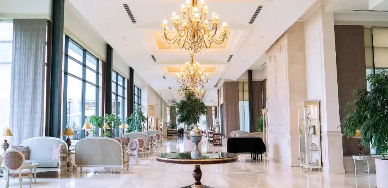 Luxury hotel’s lobby using the best hotel marketing ideas to attract more guests.