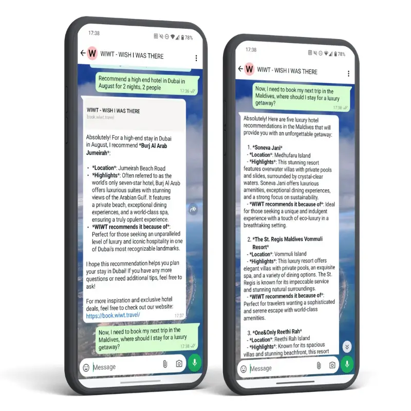 Two smartphones showcasing a conversation using AI automation, a hotel marketing trend in 2025.