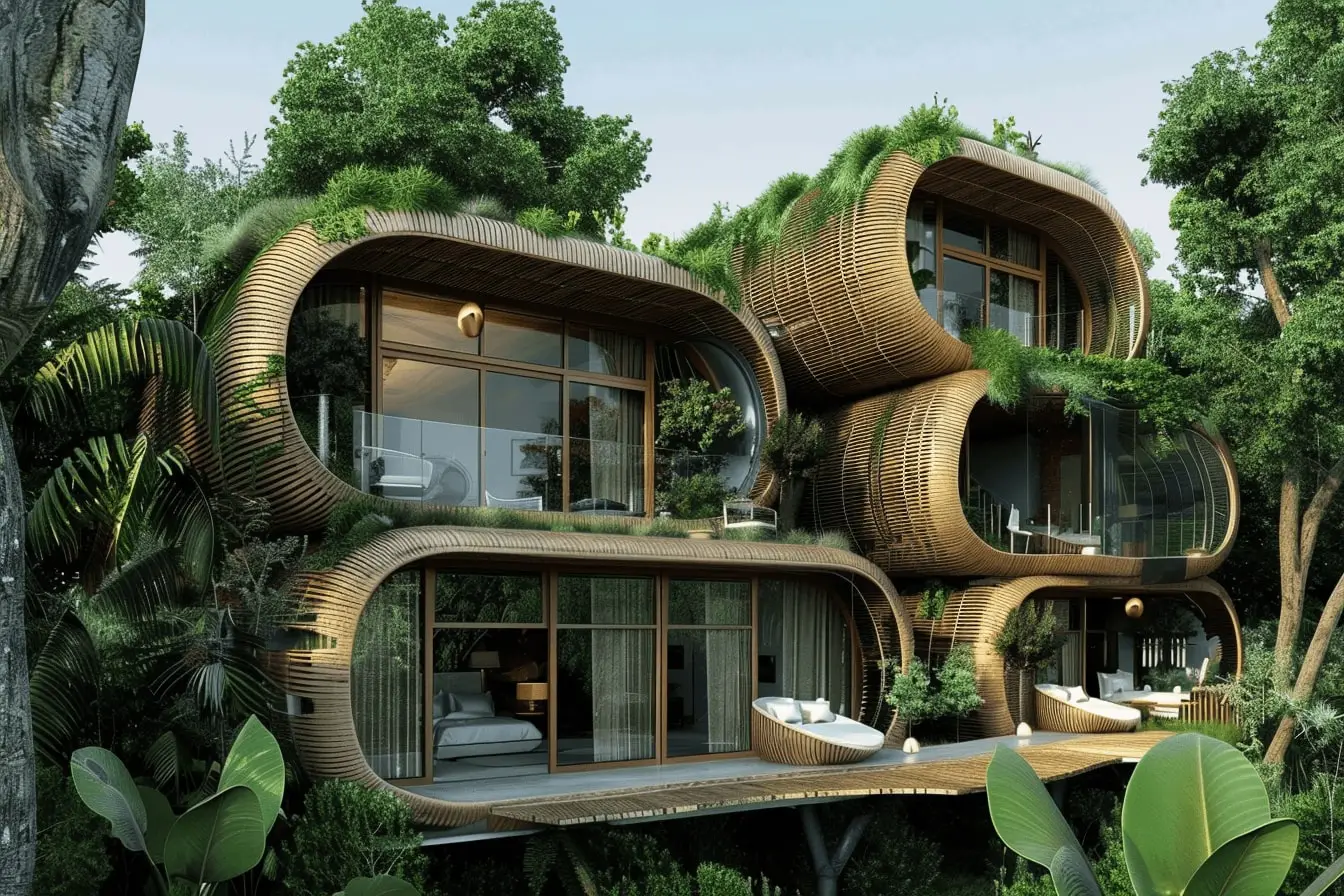 A futuristic wooden hotel surrounded by lush plants, showcasing its sustainability, a hotel marketing trend in 2025.