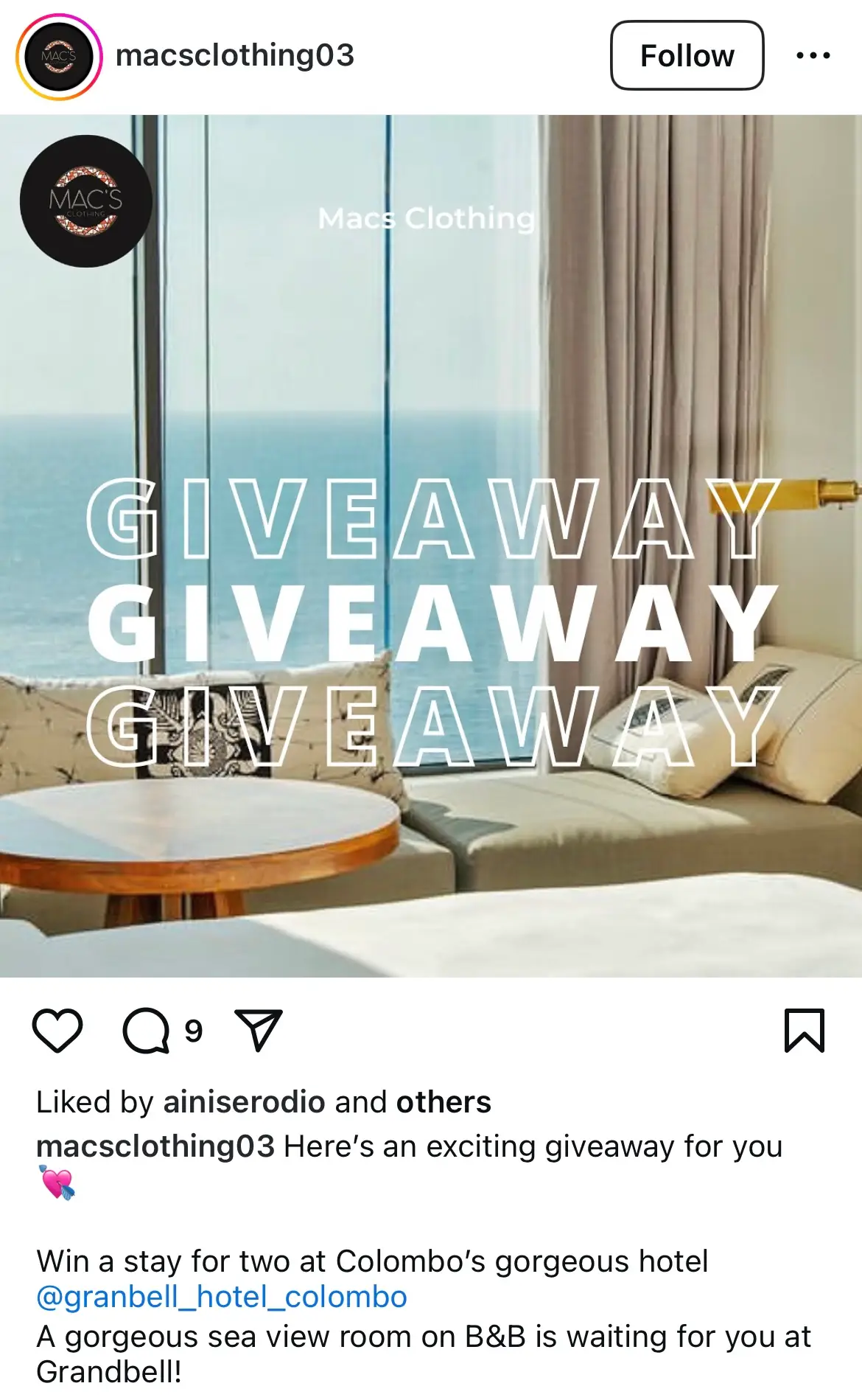 An image highlighting an Instagram post idea for hotels: giveaways.