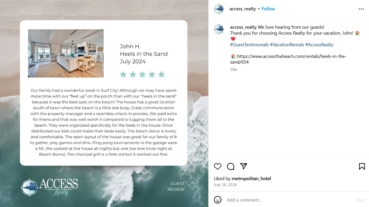 A post screenshot highlighting an Instagram post idea for hotels: guest testimonials and reviews.