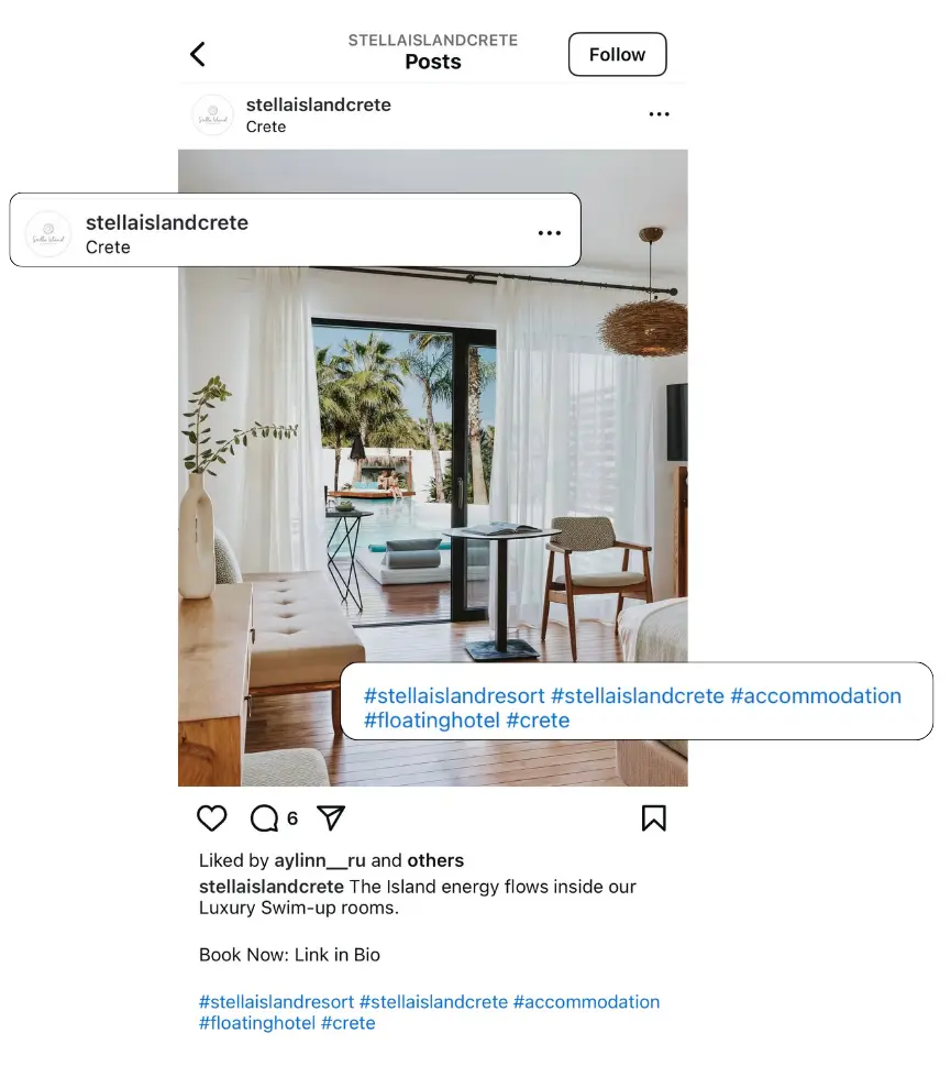 An Instagram post highlighting a key best practice for hotels: using strategic hashtags and geotags.