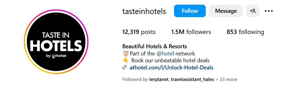 An Instagram bio highlighting a key best practice for hotels: optimizing your Instagram bio.