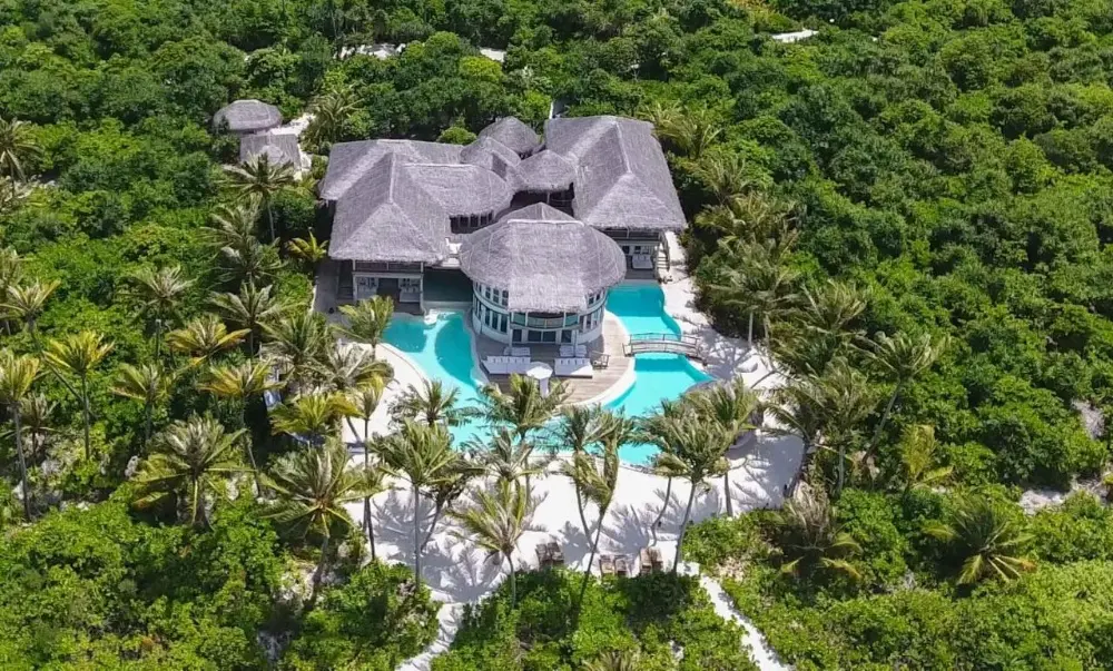 Bird's-eye view of Soneva Jani, a luxury Resort in Maldives Island.