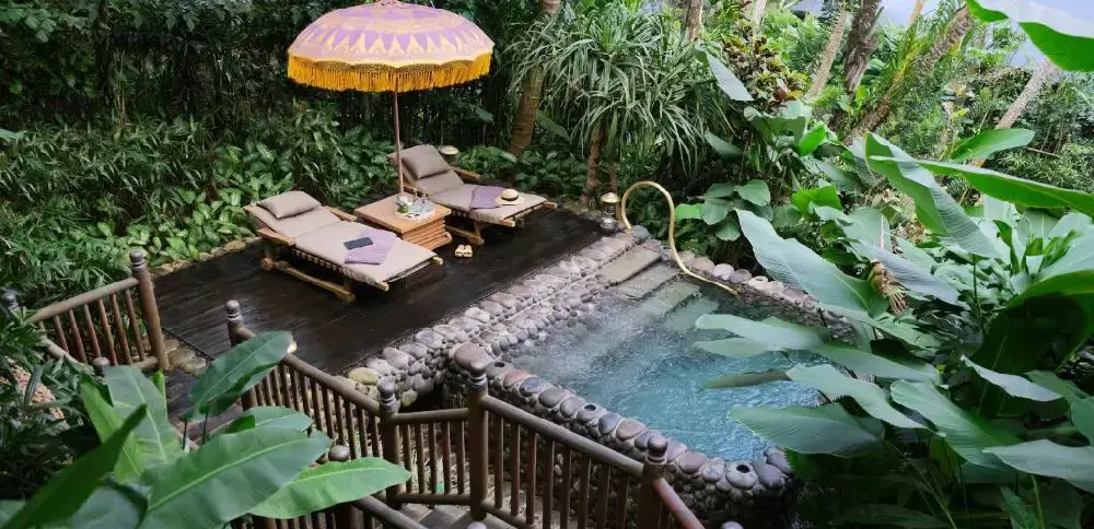 Capella Ubud, a stunning instagrammable hotel in Bali, offers a pool with luxurious sun loungers surrounded by vibrant greenery.