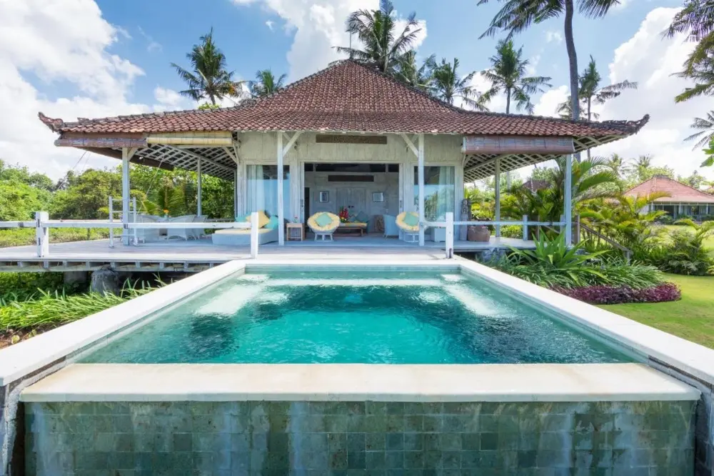 A private pool area, featuring Villa Sungay, an instagrammable hotel in Bali, offers a peaceful experience.