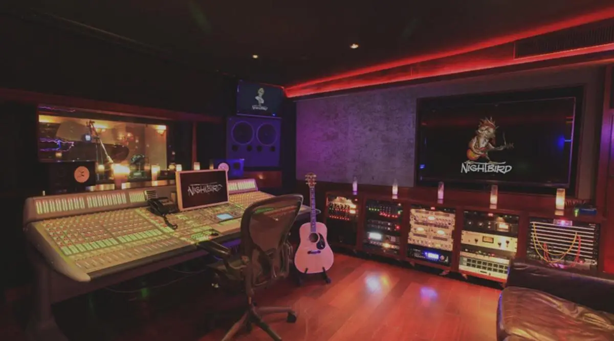 A recording studio with guitars at Sunset Marquis, one of the best music-themed hotels worldwide.