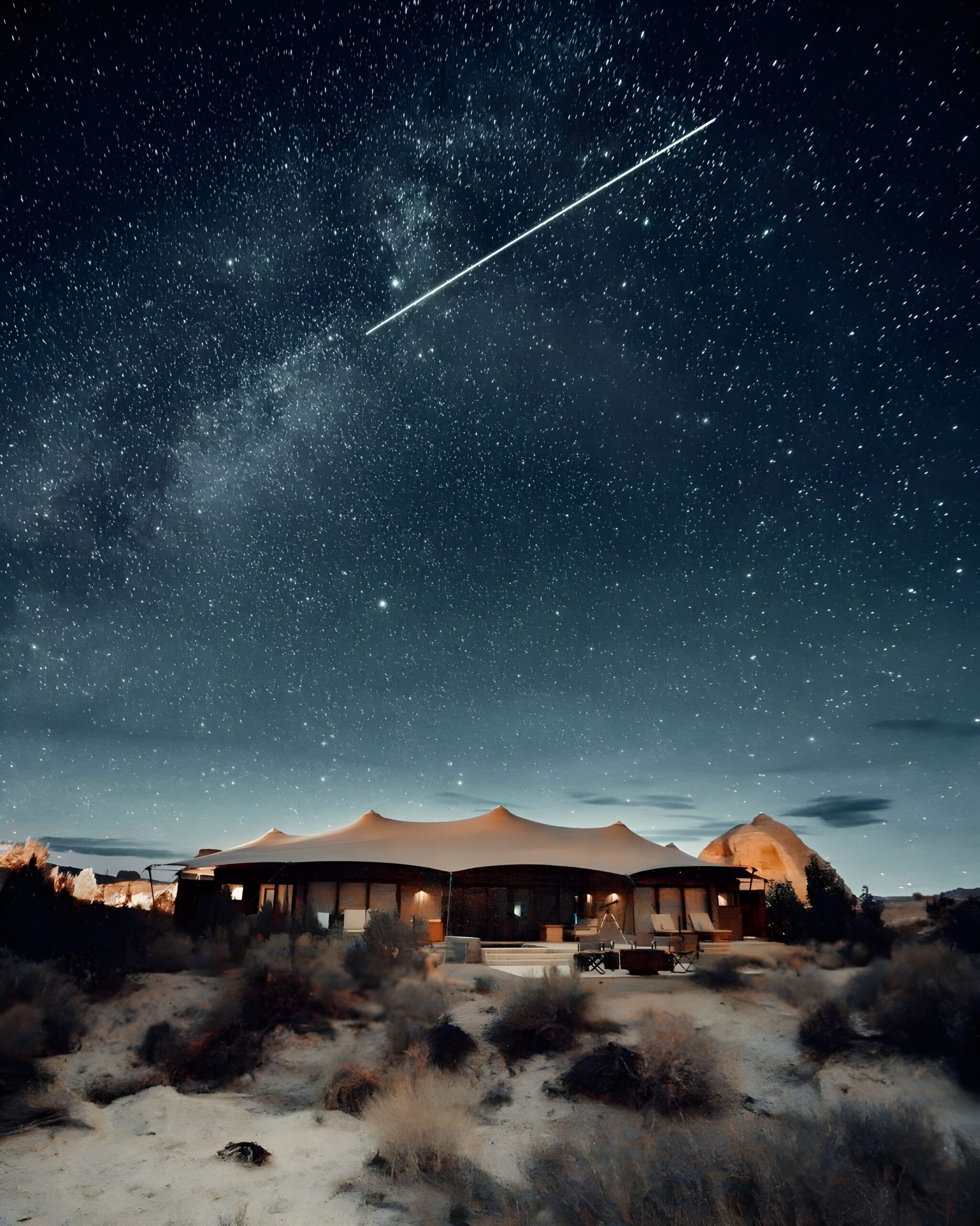 A tent in the desert under a starry sky, showcasing the serene beauty of Amangiri, a stargazing hotel in the USA.