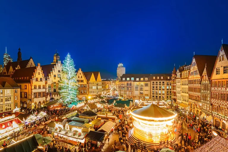 A festive Christmas market in Germany, showcasing the best Christmas markets in Europe with lights, stalls, and holiday cheer.