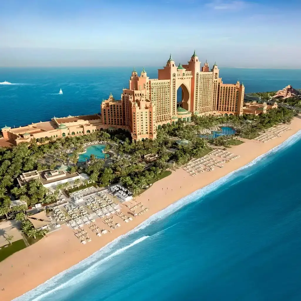 A stunning view of Atlantis The Palm, a luxury hotel in Dubai, showcasing its iconic architecture and beautiful surroundings.