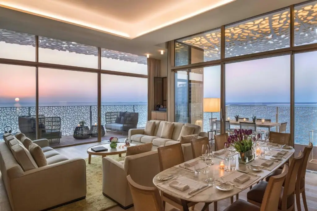 An elegant dining area at Bulgari Resort, highlighting luxury and sophistication in Dubai's design hotels.